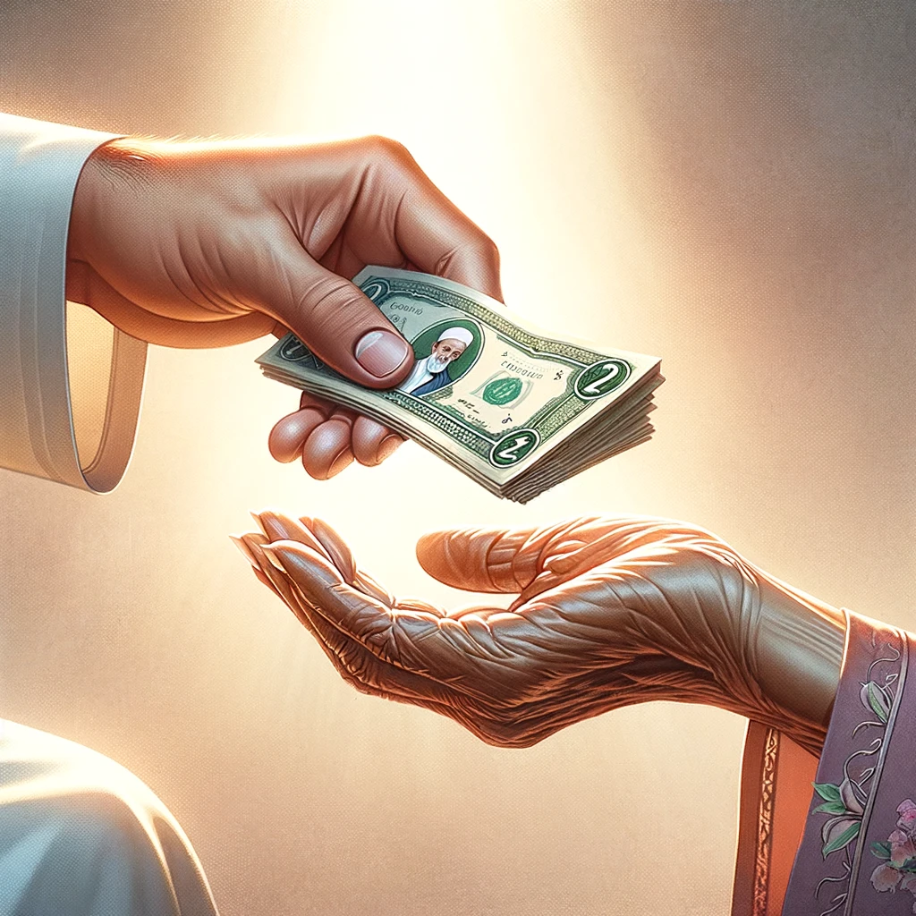 DALL·E 2024-05-03 13.57.40 - A realistic illustration of a zakat ceremony focusing on the act of giving money. The image shows a close-up view of two hands_ one hand of a donor, w