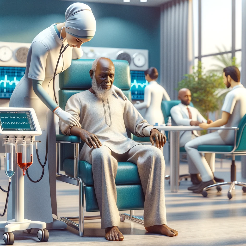 DALL·E 2024-05-03 14.56.13 - A realistic and high-definition 4D illustration of an elderly African man receiving medical aid at a zakat-funded health clinic. The clinic is modern