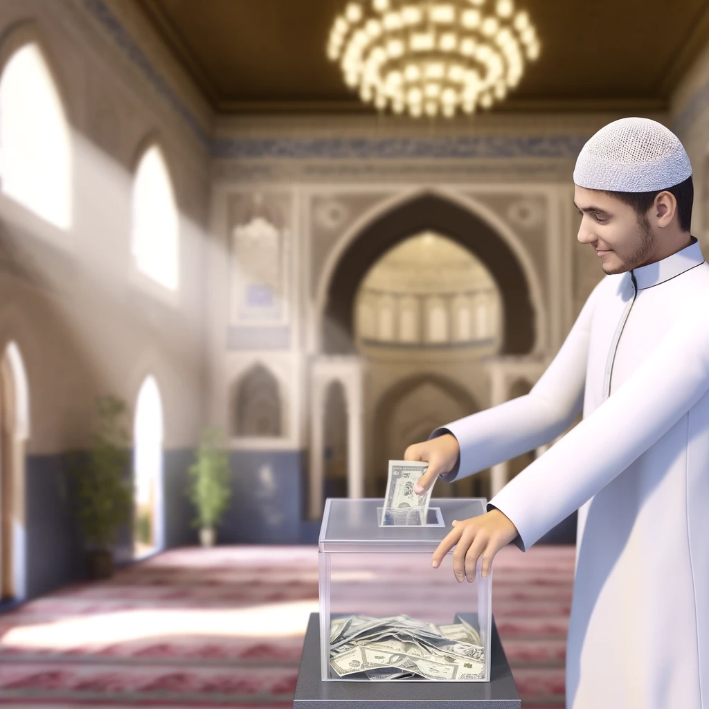 DALL·E 2024-05-03 14.56.16 - A realistic and high-definition 4D illustration of a young Middle Eastern man placing money into a transparent donation box at a mosque. The mosque in