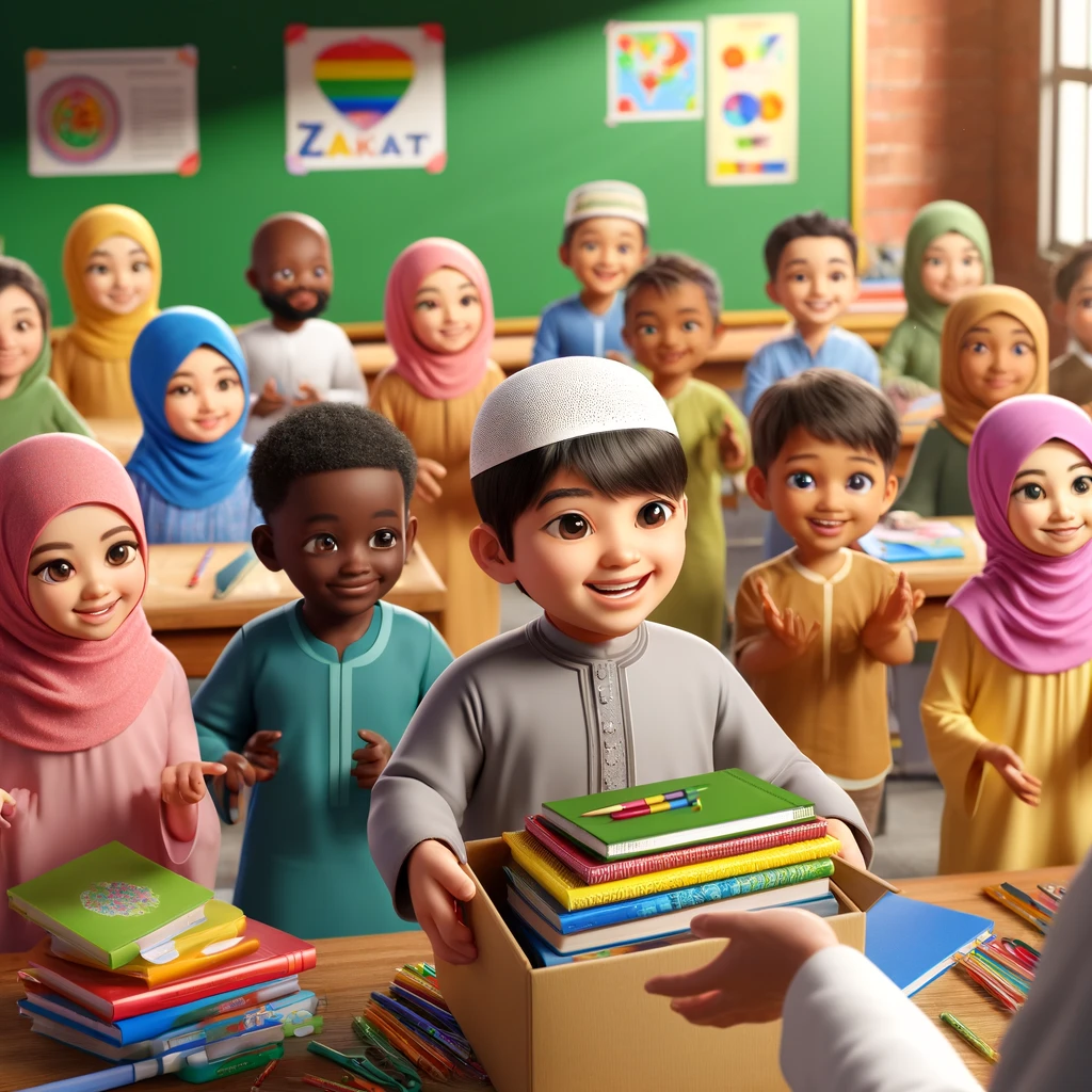 DALL·E 2024-05-03 15.22.44 - A realistic and high-definition 4D illustration of a group of children from diverse backgrounds receiving educational supplies in a colorful classroom