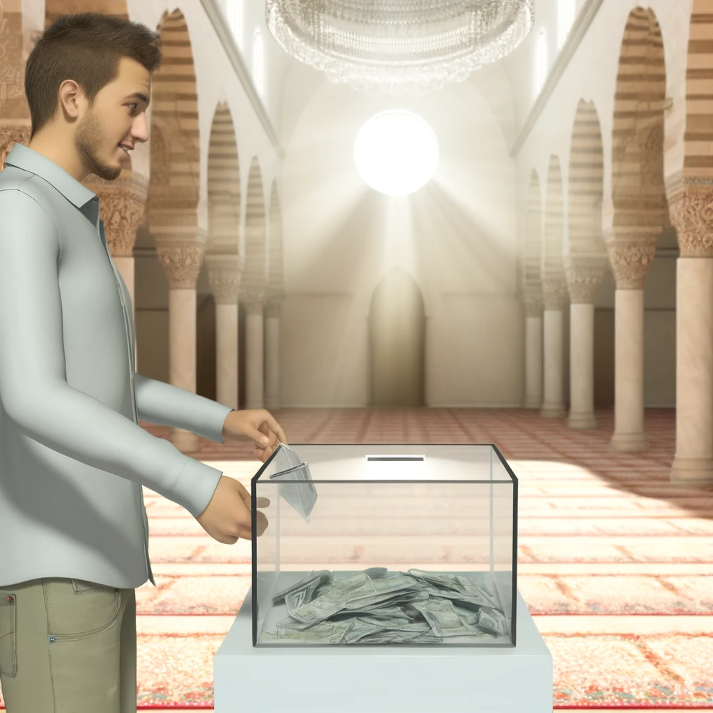 DALL·E 2024-05-03 15.22.51 - A realistic and high-definition 4D illustration of a young Middle Eastern man placing money into a transparent donation box at a mosque. The mosque in