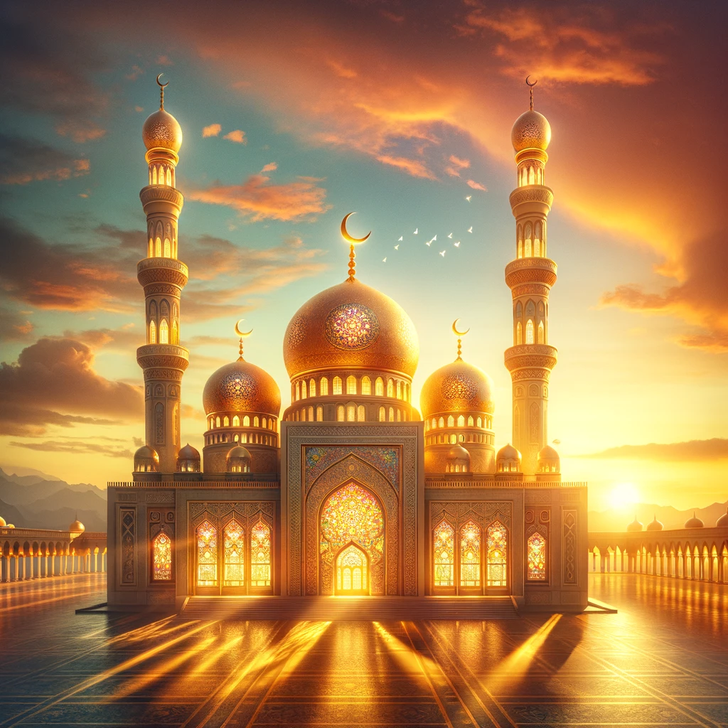 DALL·E 2024-05-06 09.23.04 - An image of a beautiful mosque at sunset, representing the spiritual aspect of infaq in Islam. The mosque is bathed in golden light with a vibrant sky