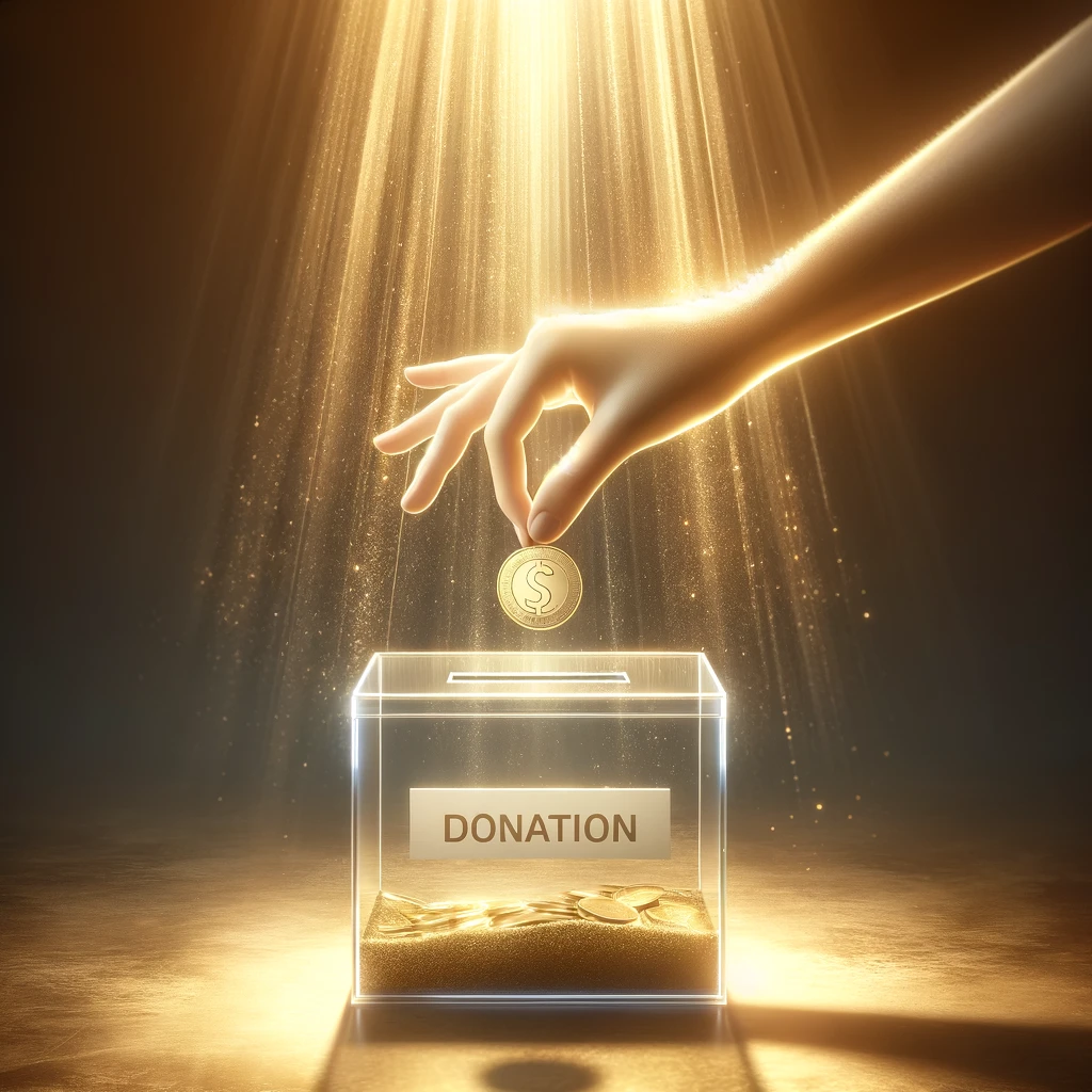 DALL·E 2024-05-06 09.26.42 - A serene and symbolic illustration showing a golden coin being placed into a transparent charity donation box, with a background of soft light rays em