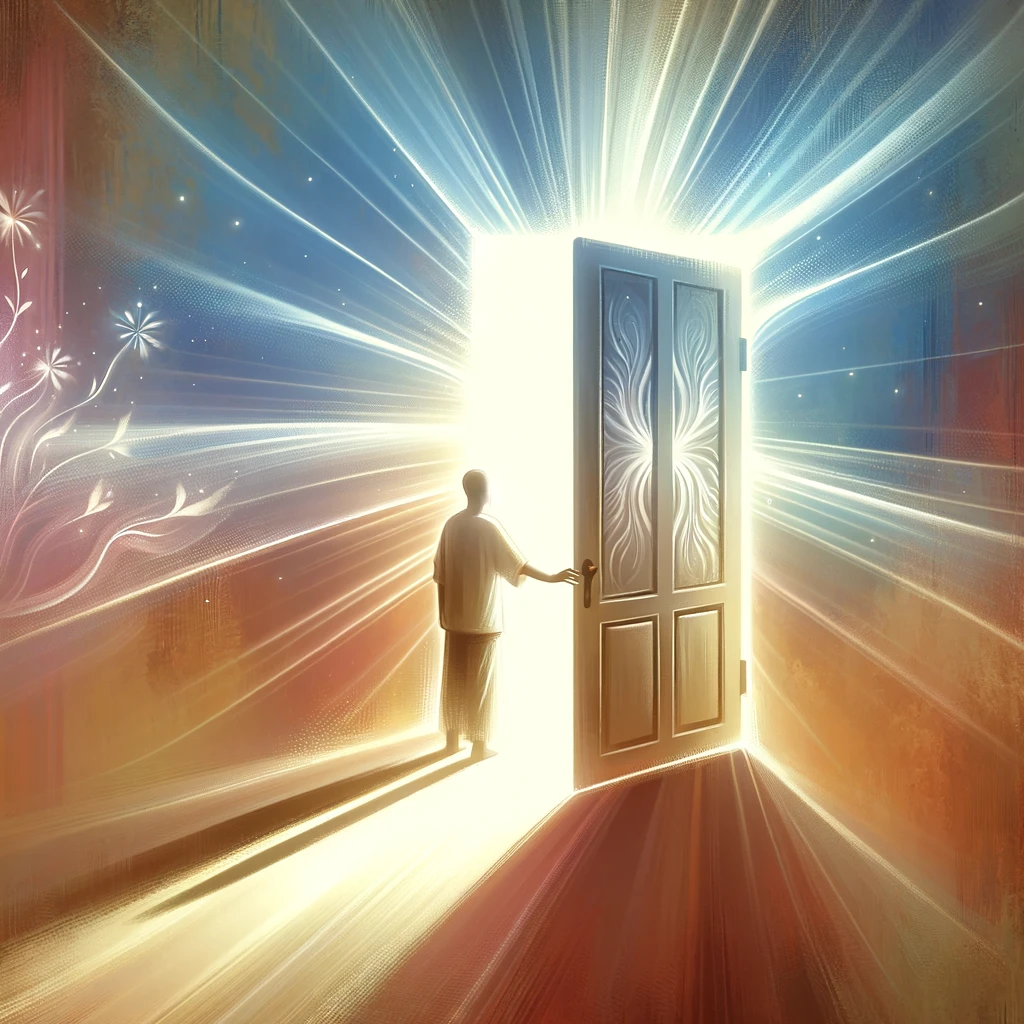 DALL·E 2024-05-06 11.15.52 - A serene illustration of a person opening a large, metaphorical door that is radiating light, representing the concept of 'Opening the Door to Mercy'