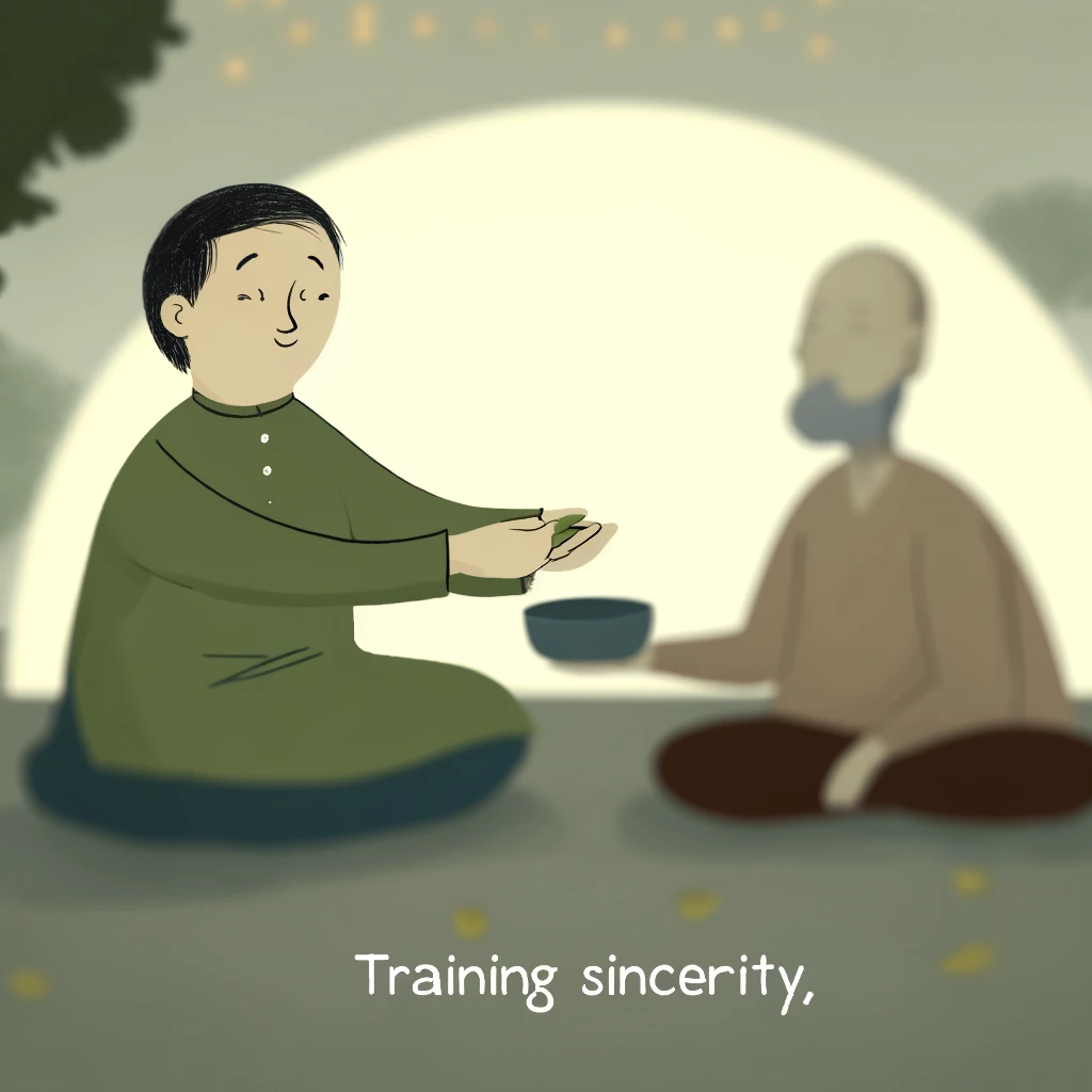 DALL·E 2024-05-06 11.29.25 - A heartwarming illustration depicting the concept of 'Training Sincerity' through charity. The scene shows an individual quietly donating to a needy p