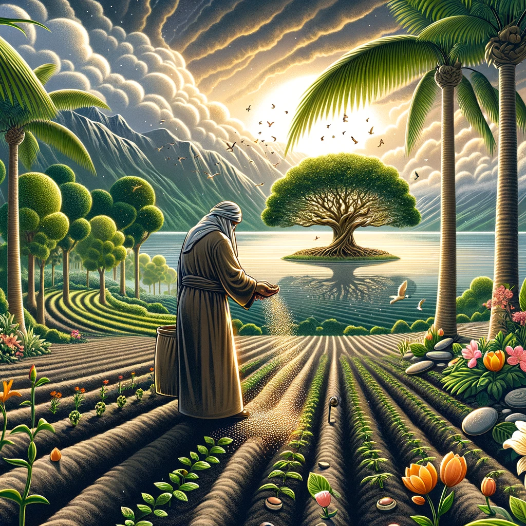 DALL·E 2024-05-06 11.29.27 - A visually impactful illustration depicting the concept of 'Planting the Seeds of the Hereafter' through charity. The image should show a person sowin