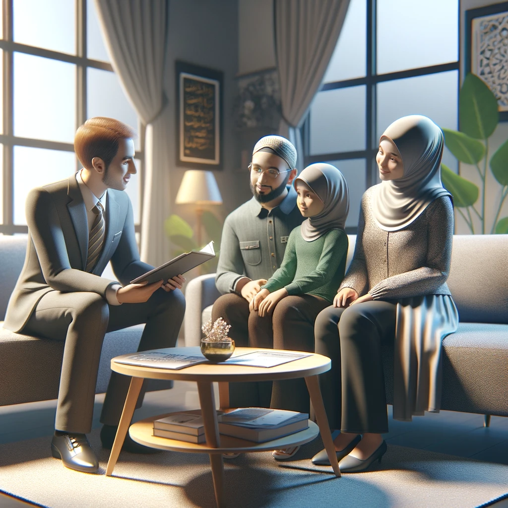 DALL·E 2024-05-06 12.33.43 - A realistic, high-definition 4D illustration of a family discussing a wakaf plan with a financial advisor in a cozy office. The family, consisting of